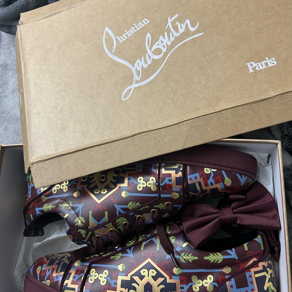 Christian Louboutin Burgundy and Gold Patterned Sneakers